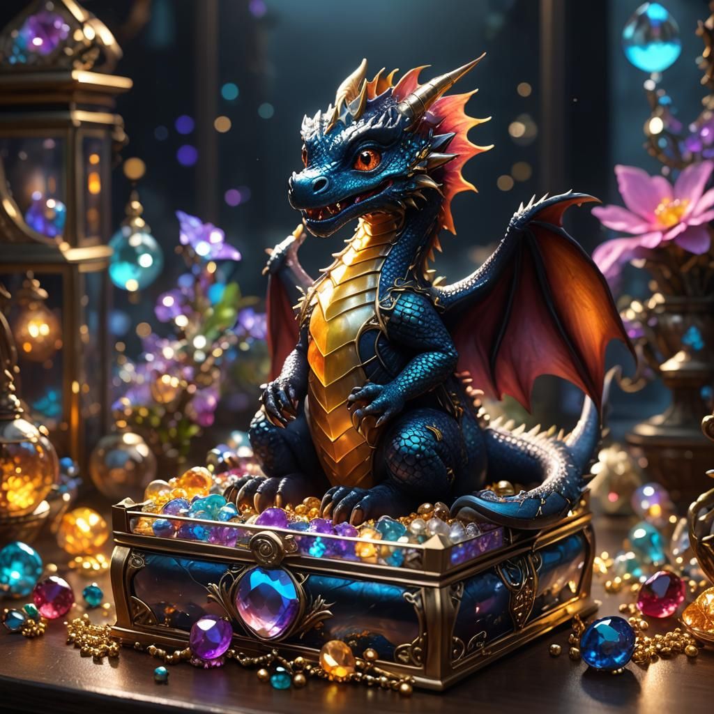 Baby Dragon in Jewelry Box, Detailed Matte Painting