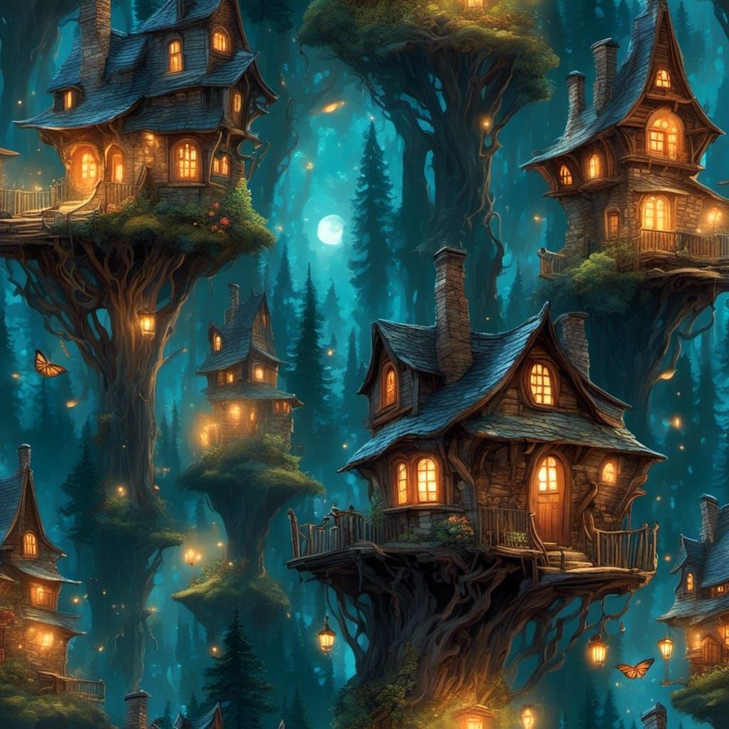 Cute Stump Houses in Forest at Night