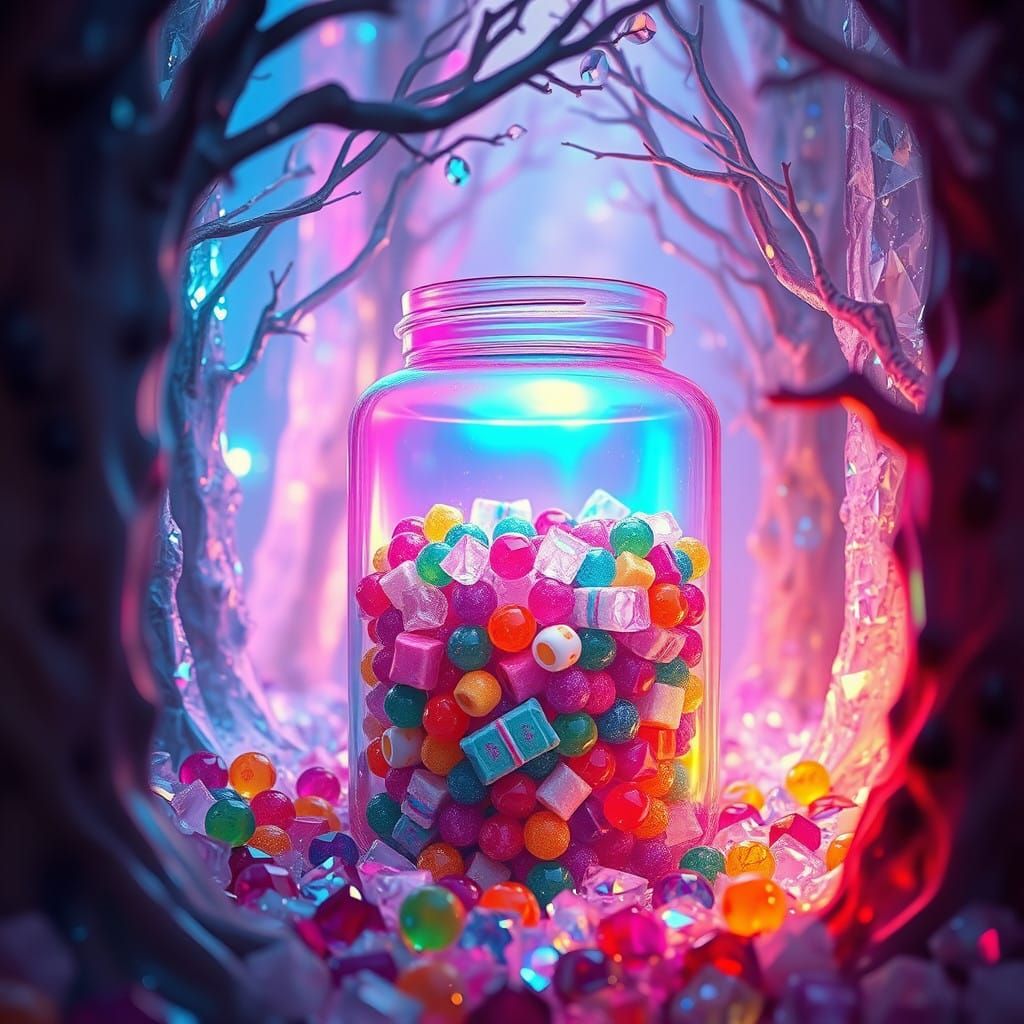 Iridescent Jar Filled with Candies in Crystal Forest, Fantas...