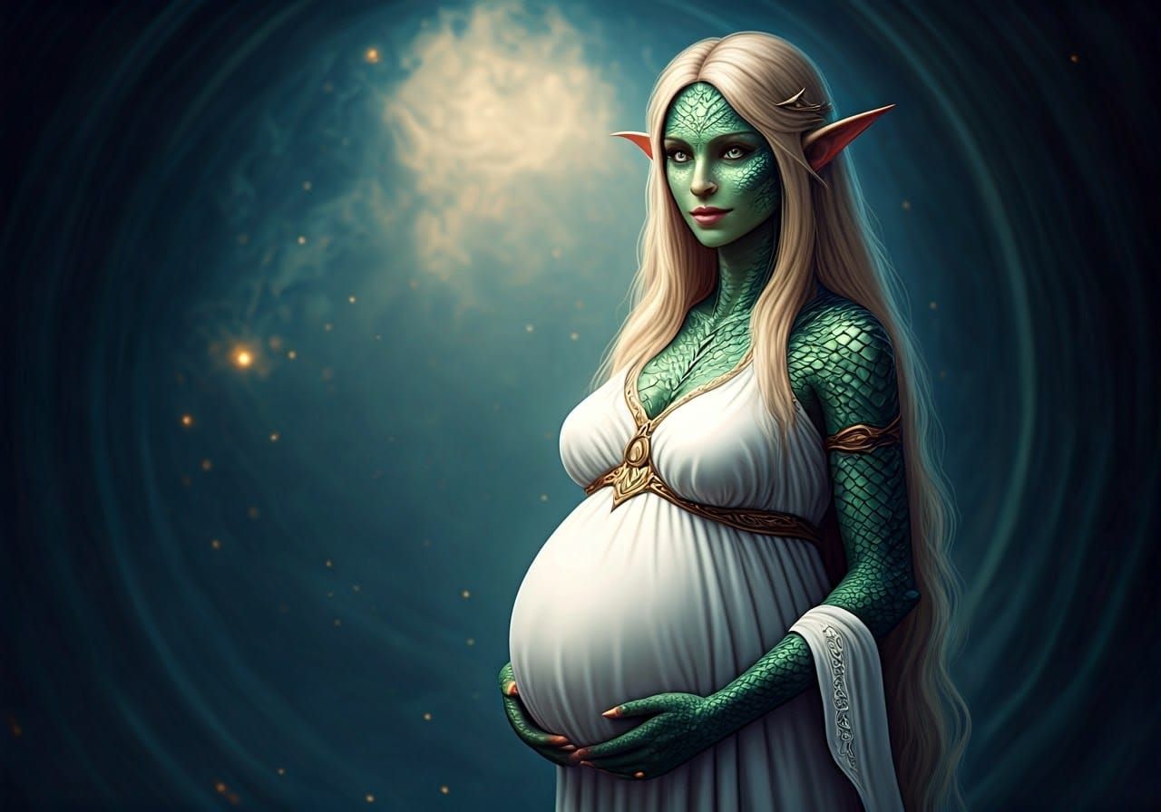 Pregnant Elf-Dragon in Mystical Fantasy Art Style
