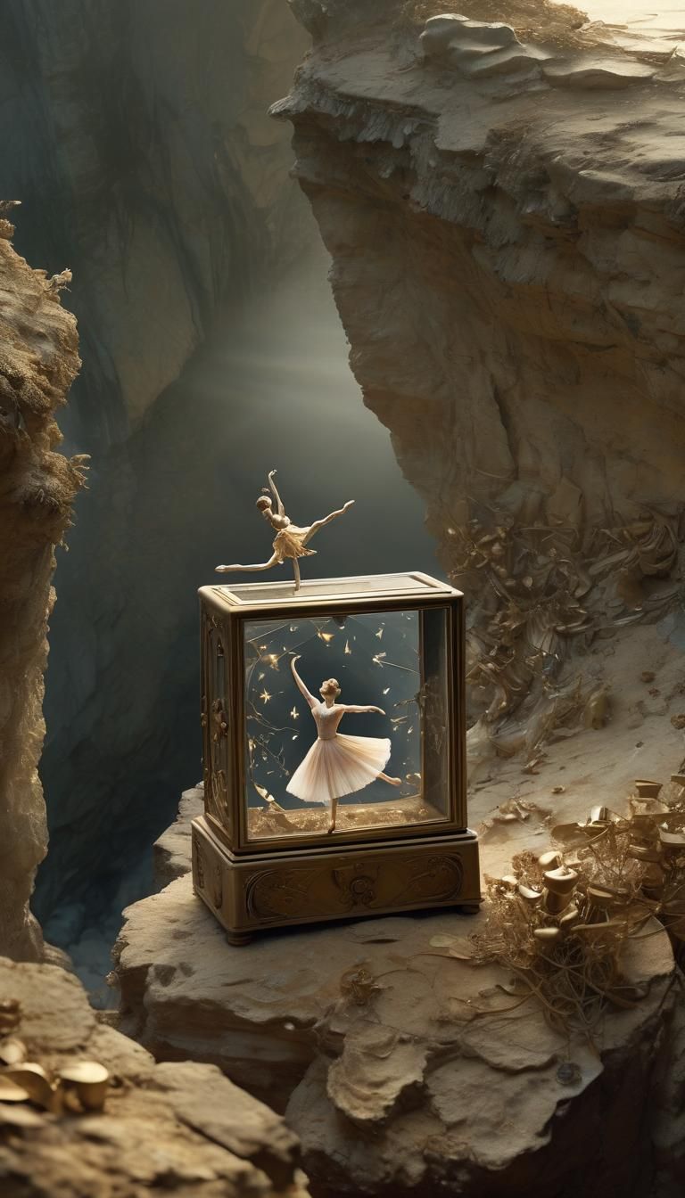 Ethereal Music Box on Cliff in Surreal 3D Rendering