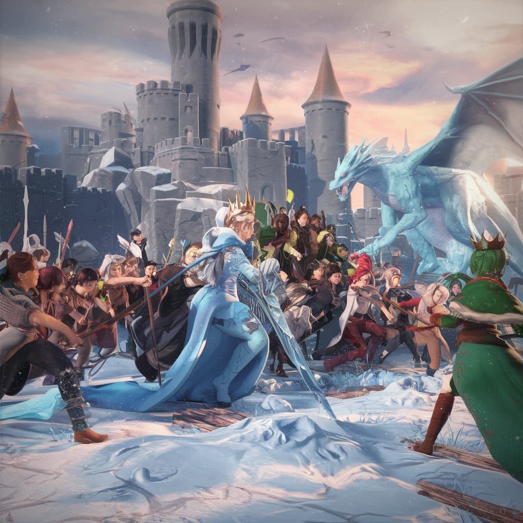 Winter Epic Battle Scene in 3D Anime Style