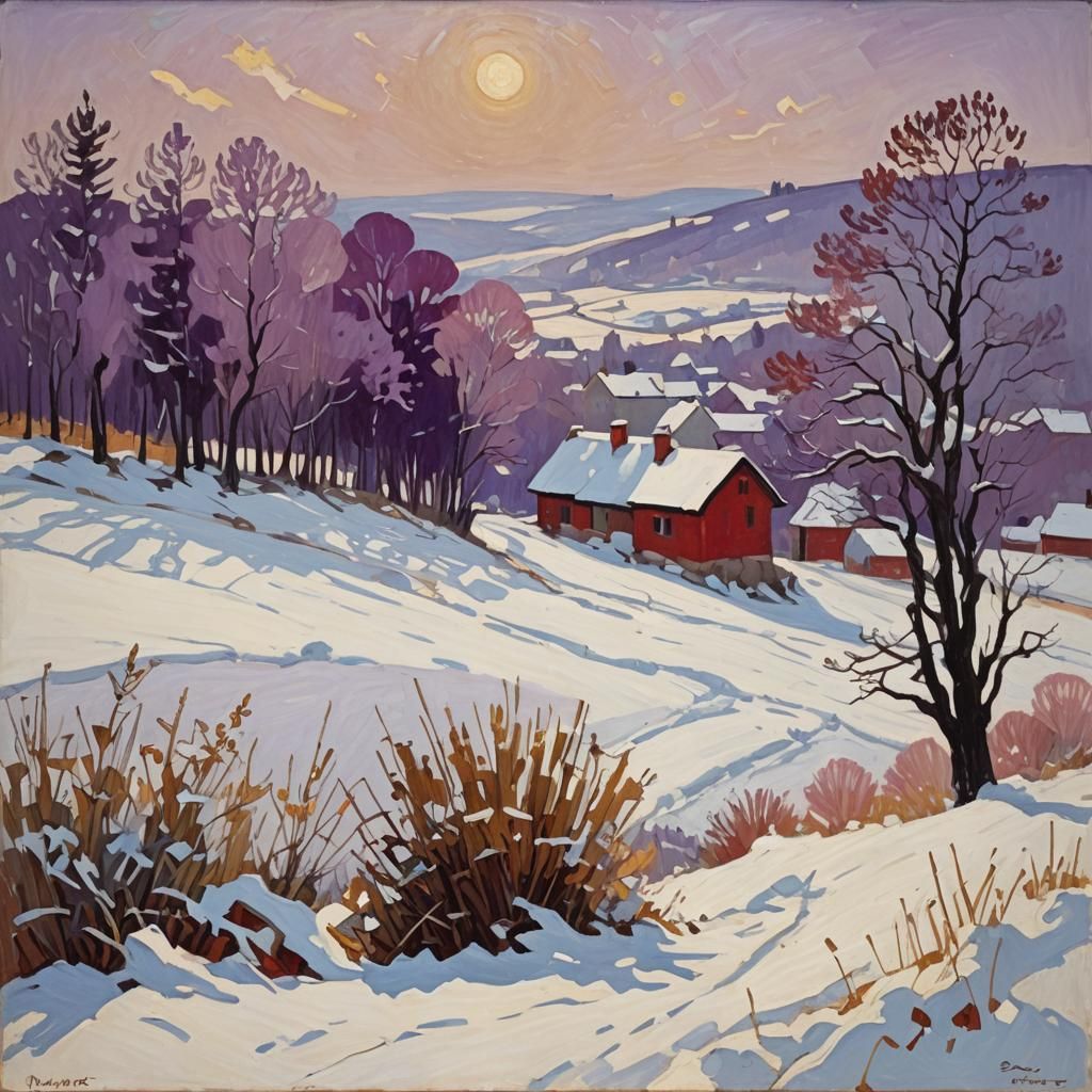 Winter's Veil: Impasto Snowscape in Expressionist Style