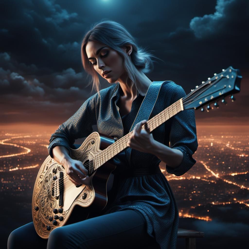 Beautiful Girl Playing Guitar: Digital Matte Painting