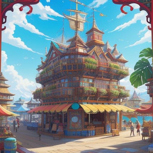 Floating Island Marketplace in Whimsical Anime Style