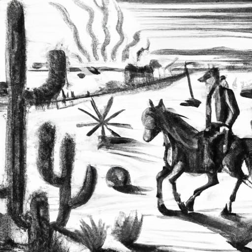 Wild West Sunset: Man on Horseback in Prairie Charcoal Drawi...