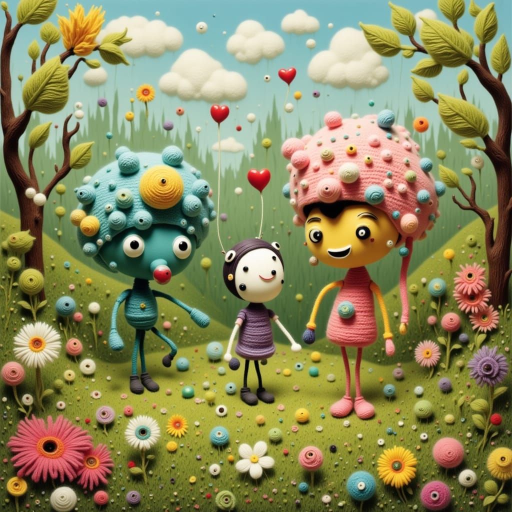 Whimsical Yarn Creatures in a Fantasy Park