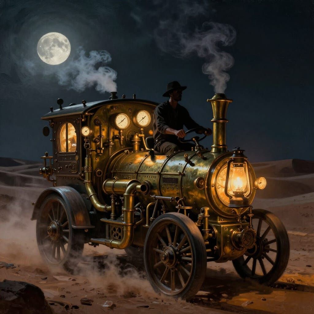 Steampunk Engine in Moonlit Desert Landscape