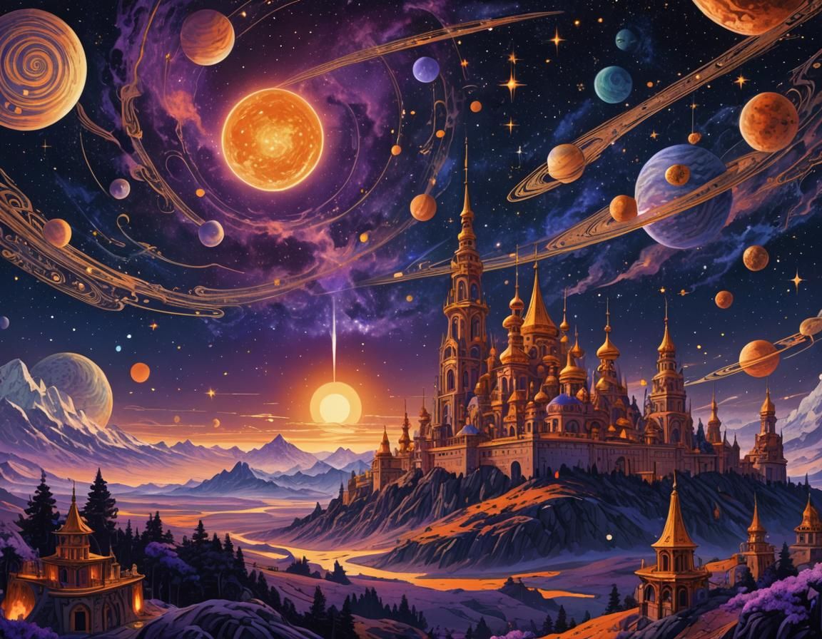 Majestic Galaxy in Bilibin-Inspired Fantasy Art