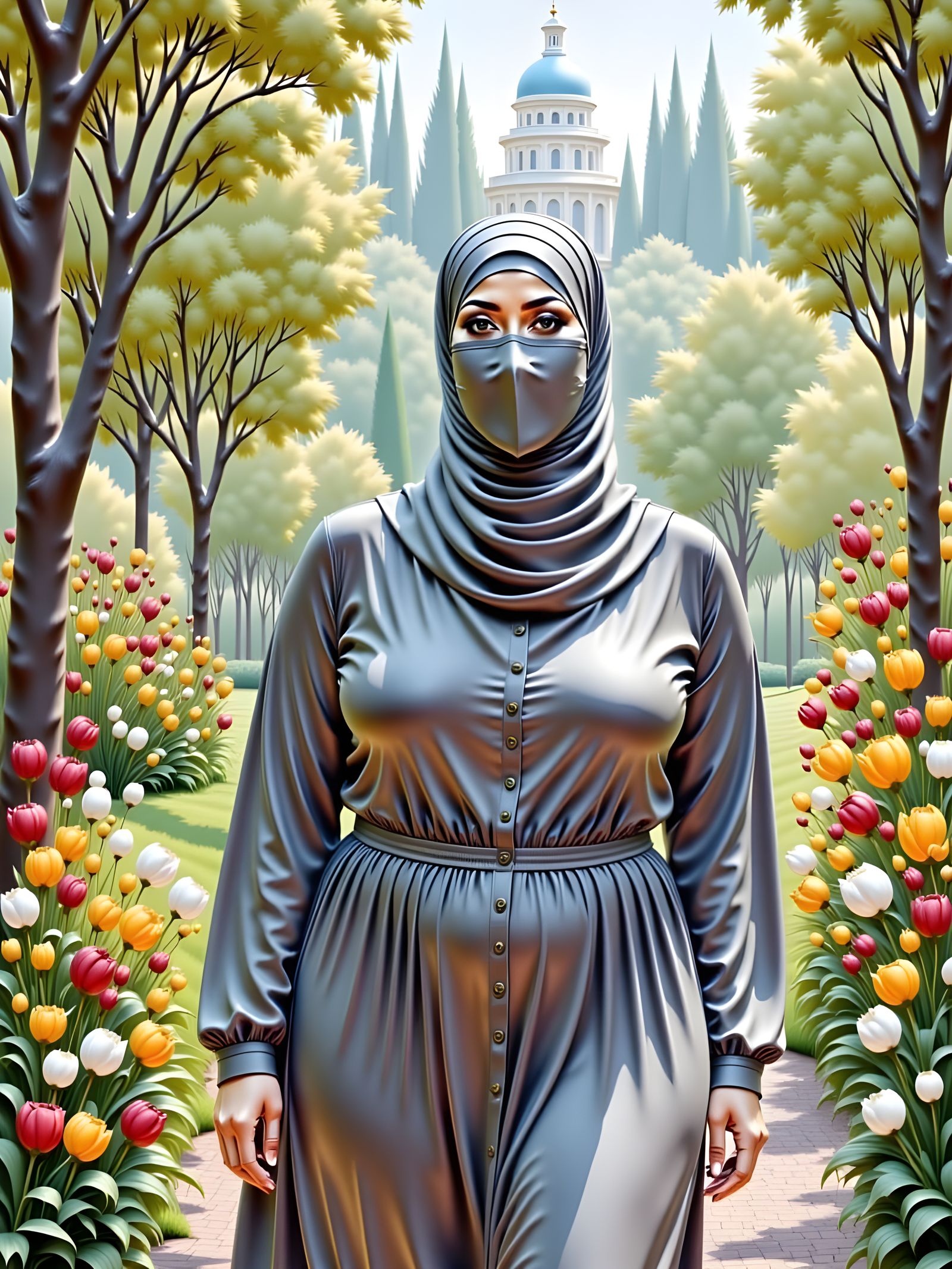 Overweight Woman in Hijab Walking in Landscape