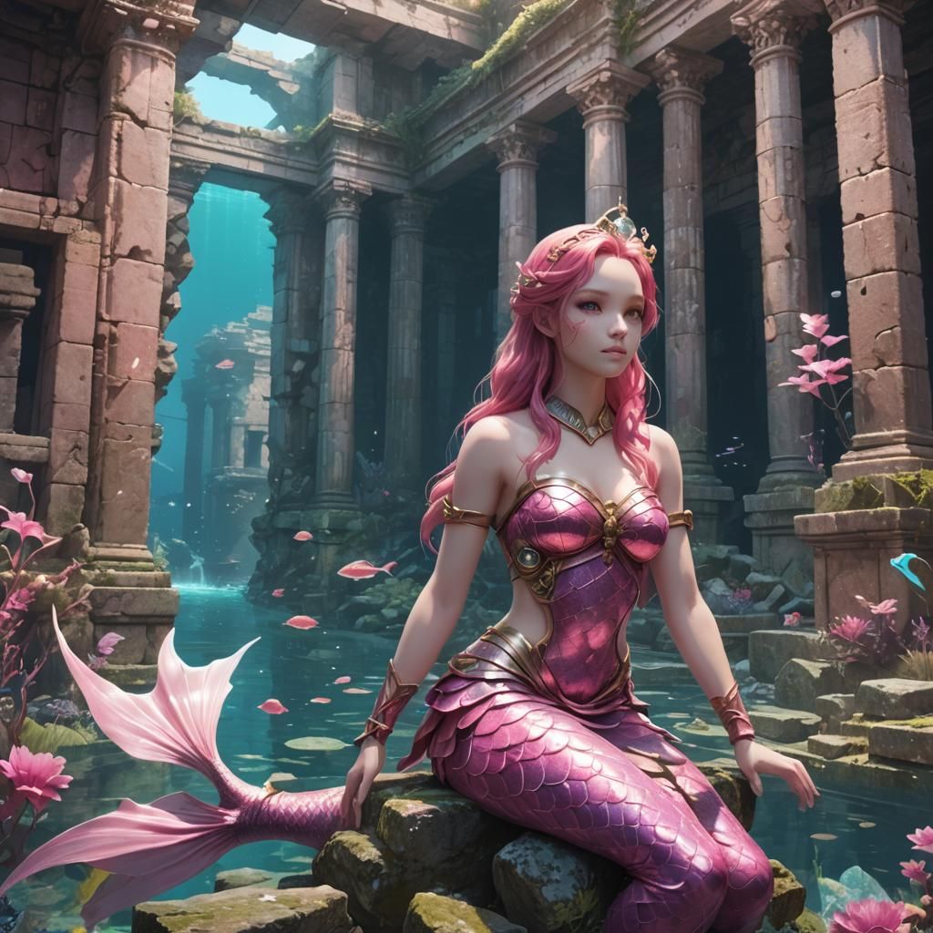 Pink Mermaid Guarding Underwater Ruins in Anime Style