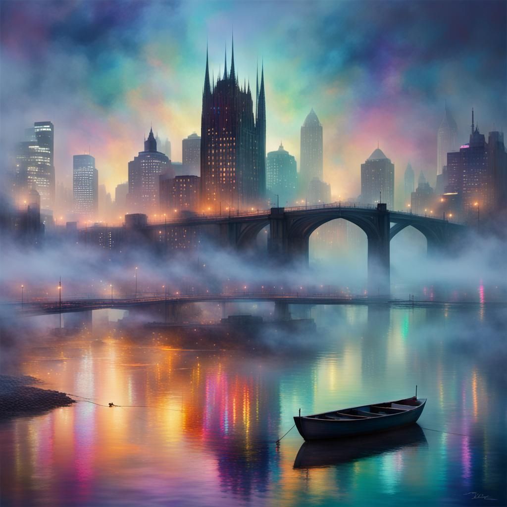 Iridescent Cityscape Shimmers in Morning Mist