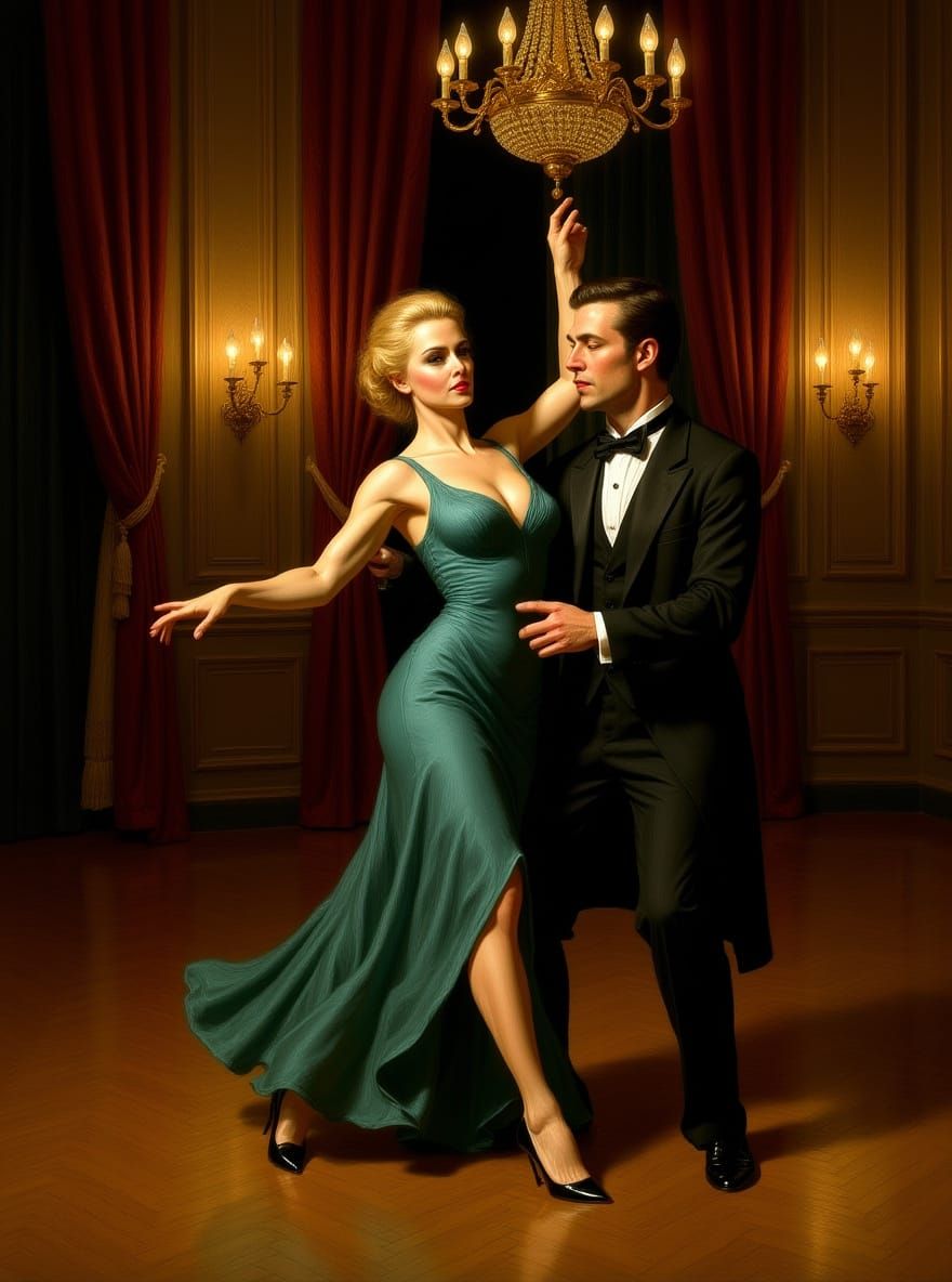 Ballroom Tango Dancer in Opulent Golden Hour Oil Painting