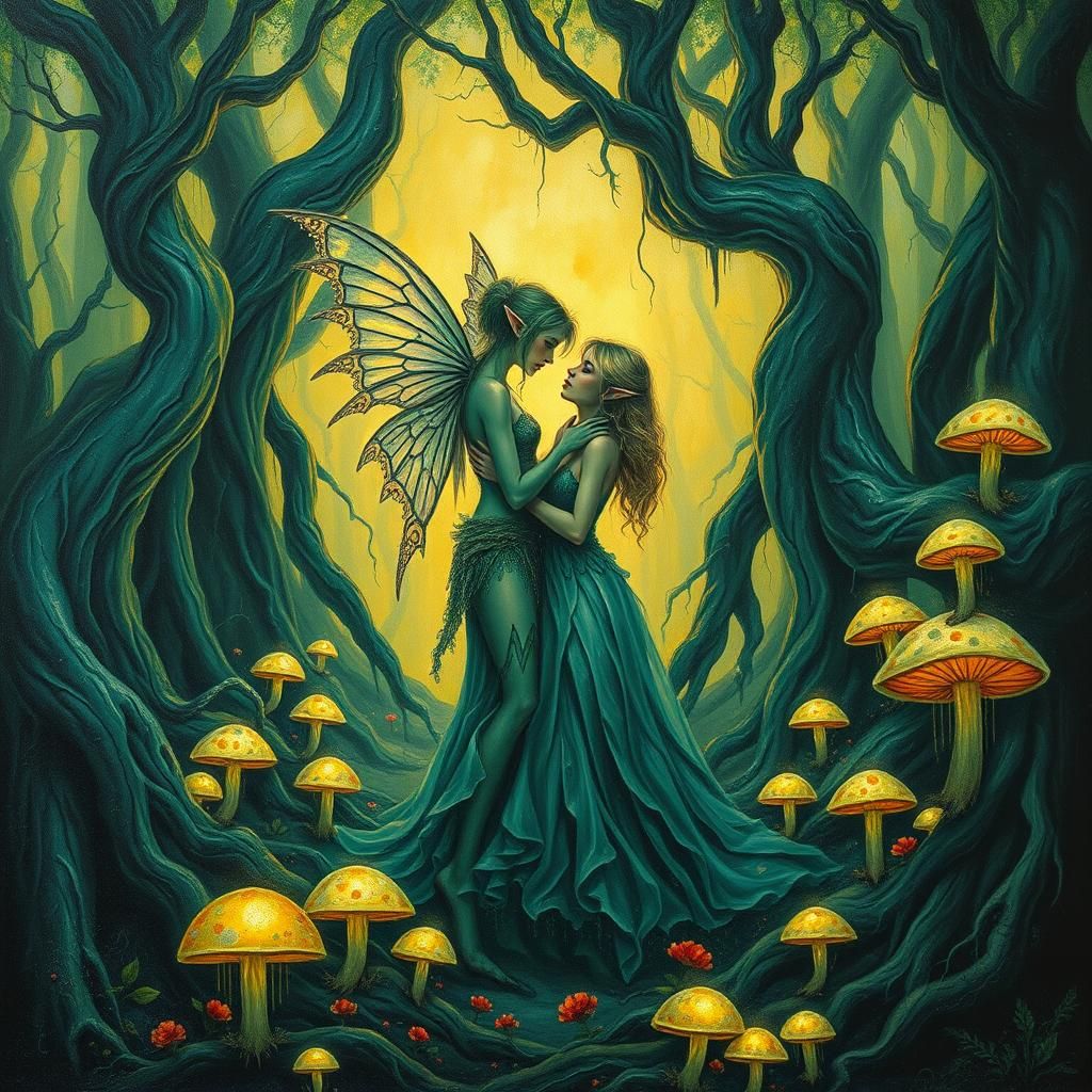 Ethereal Elf Couple in Lush Forest, Impasto Style