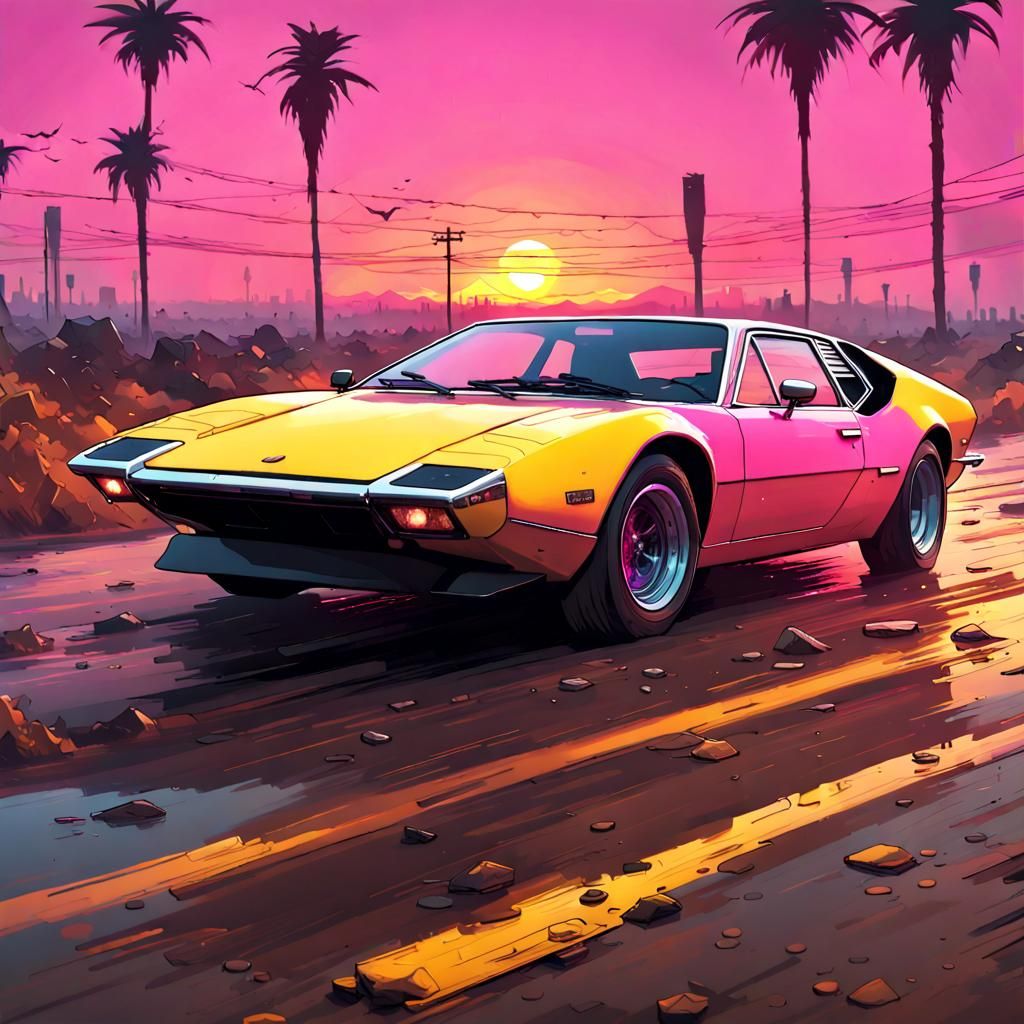 Damaged 1971 De Tomaso Pantera at Sunset