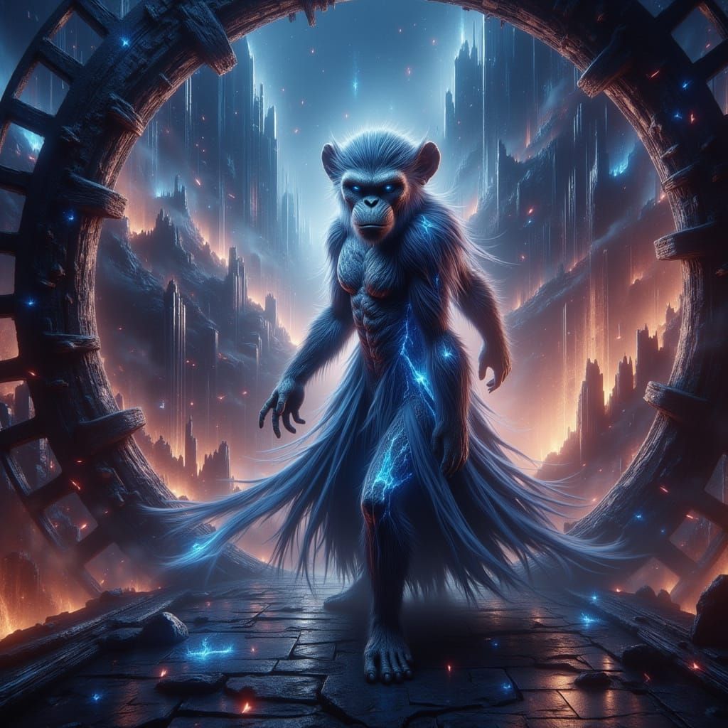 Supermodel Chimp in Stardust Hair on Clock Gear Path