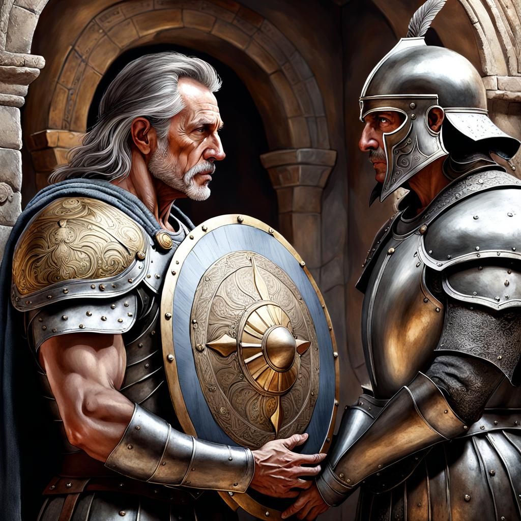 Ancient Warrior Observes Torn Medieval Shield