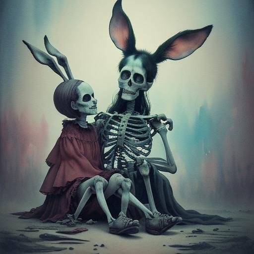 Vibrant Gothic Watercolor of a Skeleton Family