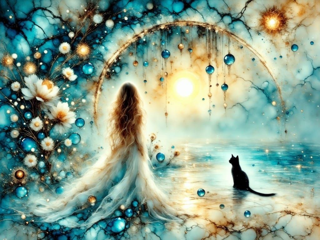 Blonde Girl with Black Cat on Ethereal Beach