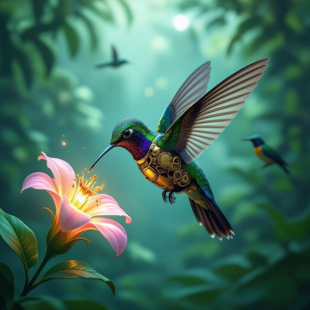 Steampunk Hummingbird Sipping Nectar in Jungle Valley