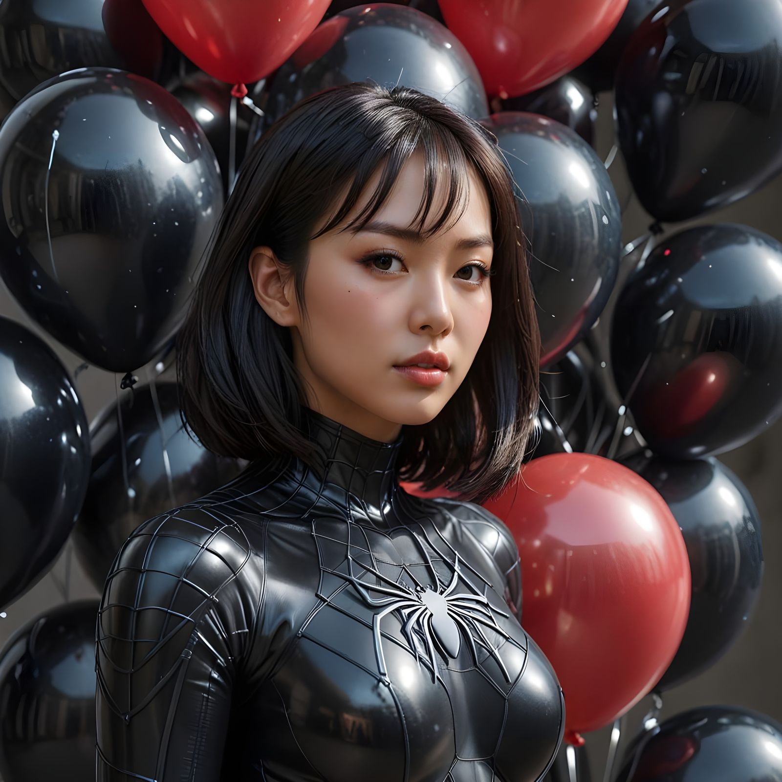 Korean Superheroine in Spider-Man Suit with Balloons