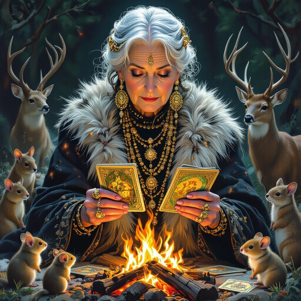 Elder Woman With Tarot Cards and Forest Creatures