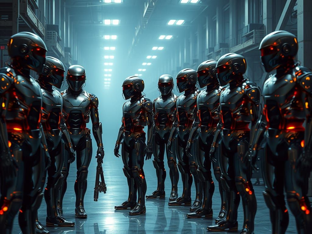 Cyborgs in a Factory: Photorealistic Cinematic Film Still