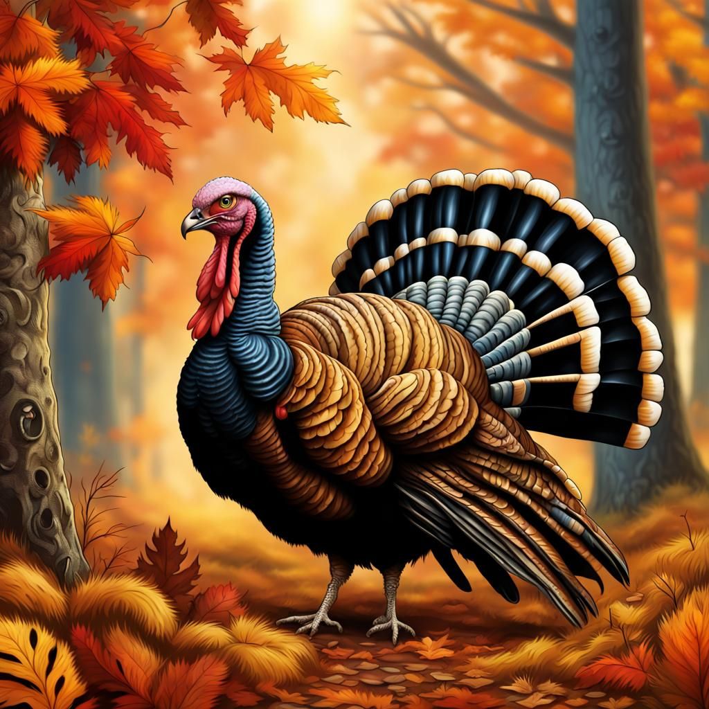 Cute Turkey Hunter in Autumn Forest: Airbrush Art