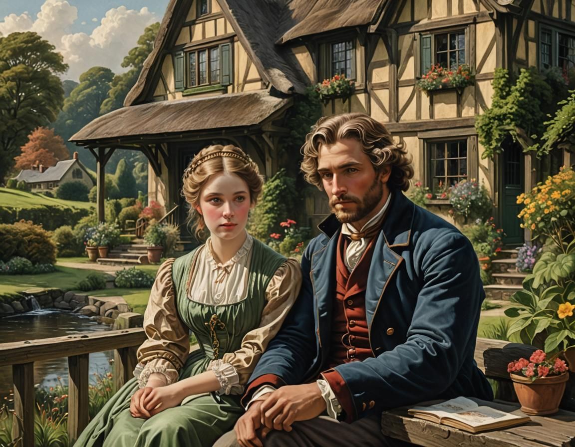 Romantic Cottagecore Couple: Detailed Fantasy Painting