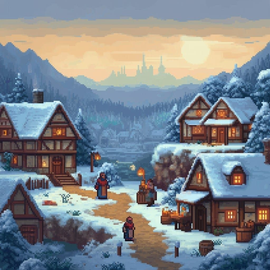 Charming 8-Bit Village in Winter Snow