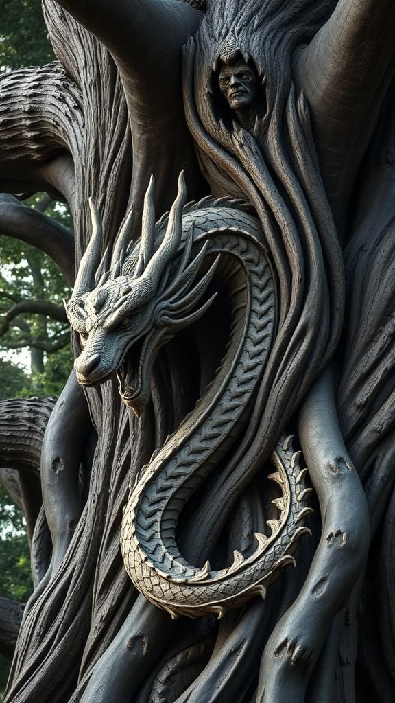 Hyperrealistic Dragon Carved from Living Tree