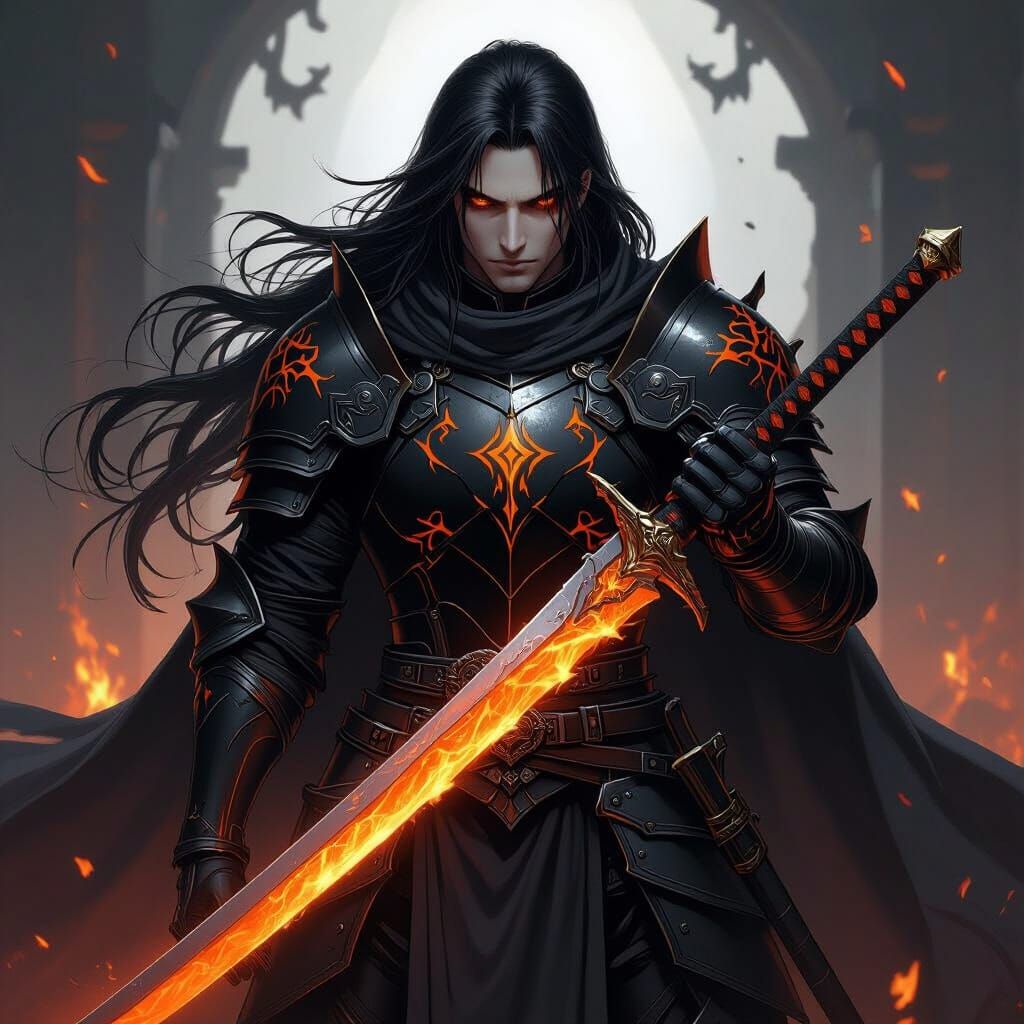 Dark Fantasy Knight With Fiery Katana