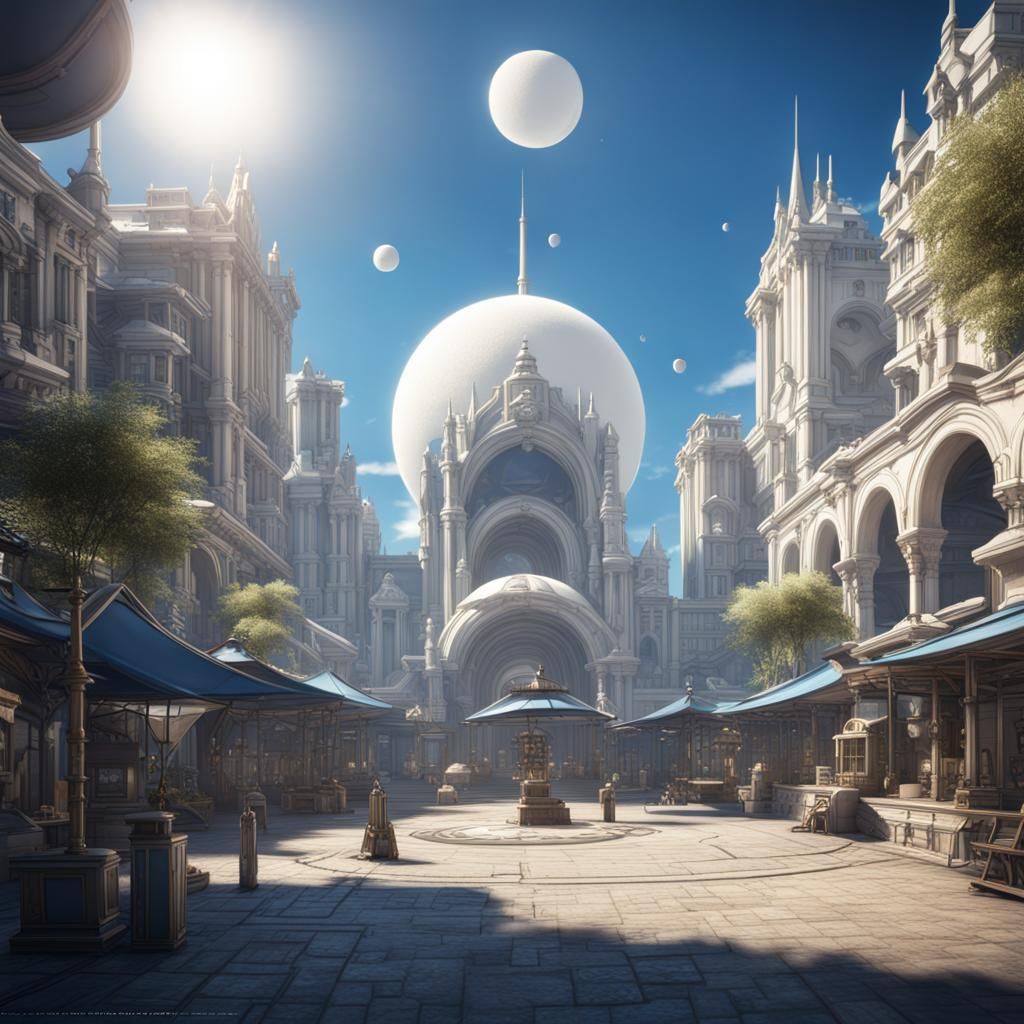 Futuristic Town Square with White Sun: Fantasy Art
