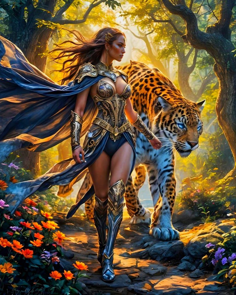 Neon Y2K Female Warrior and Jaguar