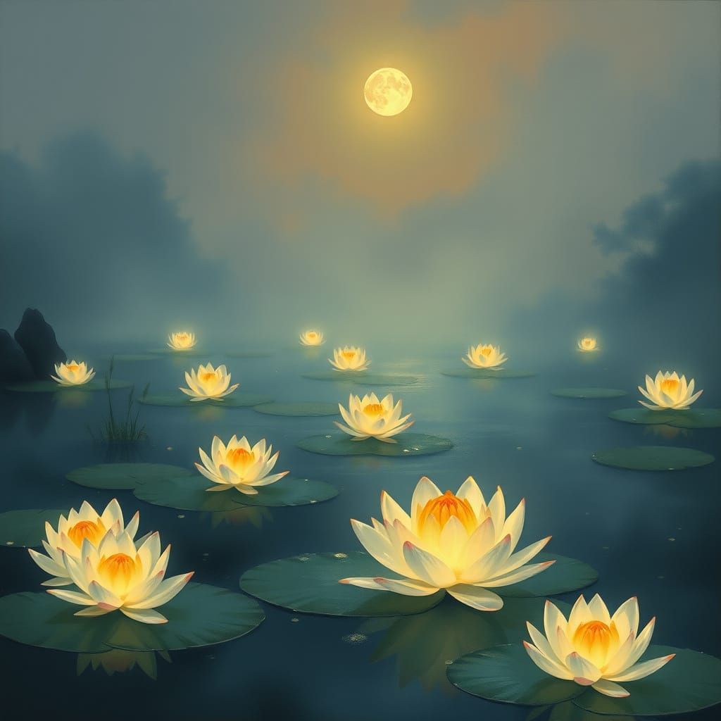 Twilight Serenity with Glowing Lotus Blooms in Ethereal Styl...