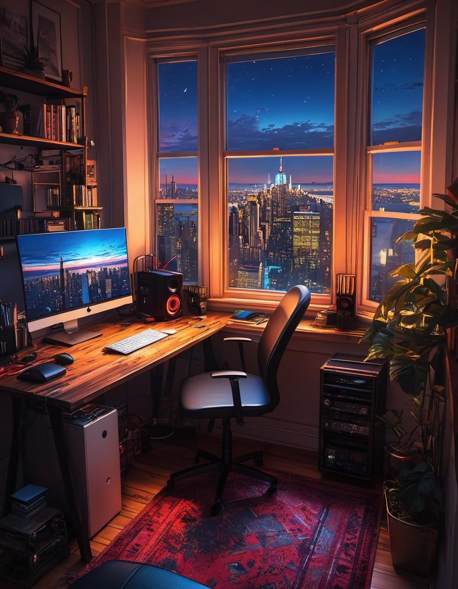 Gaming PC Setup with New York View, Lofi Art