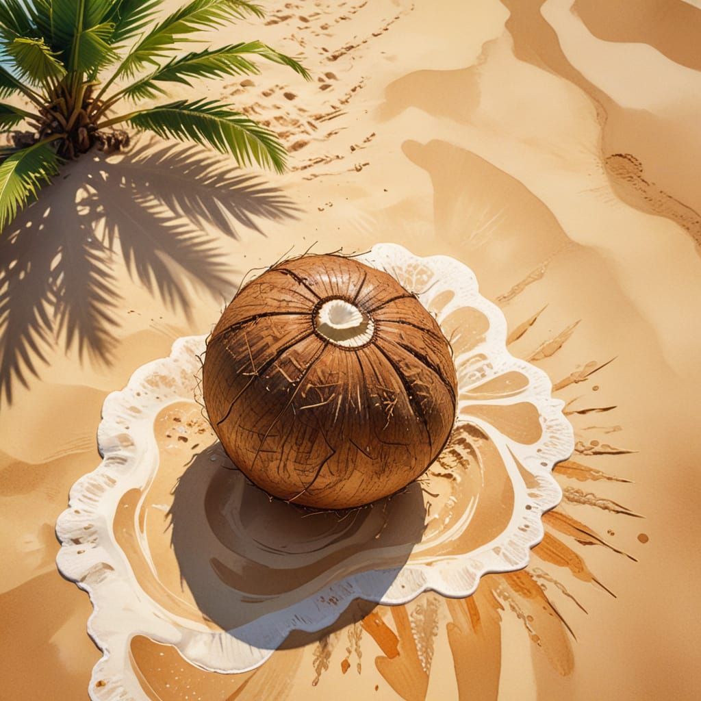 Vibrant Tropical Paradise Coconut Scene in Watercolor Style