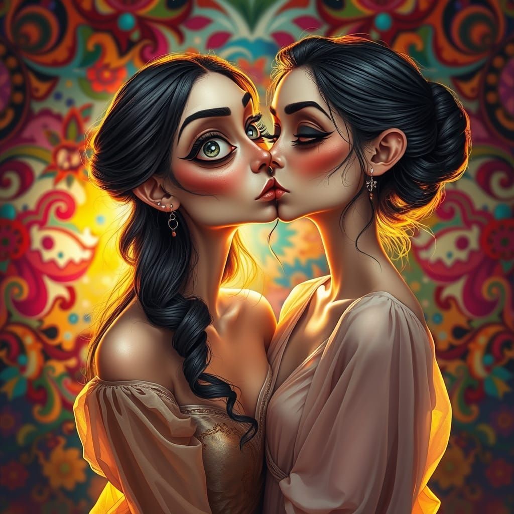 Sensual Women Share a Tender Kiss in Vibrant, Dreamlike Sett...
