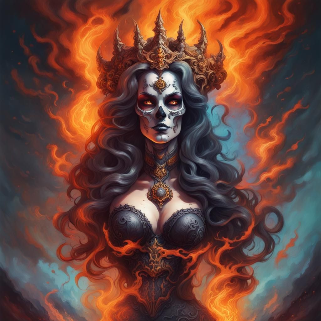 Lady Death Ruling Hell in Hyperrealistic Splash Art