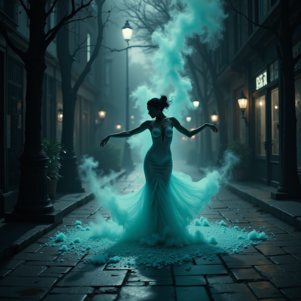Surreal Turquoise Dancer in Grayscale Cityscape
