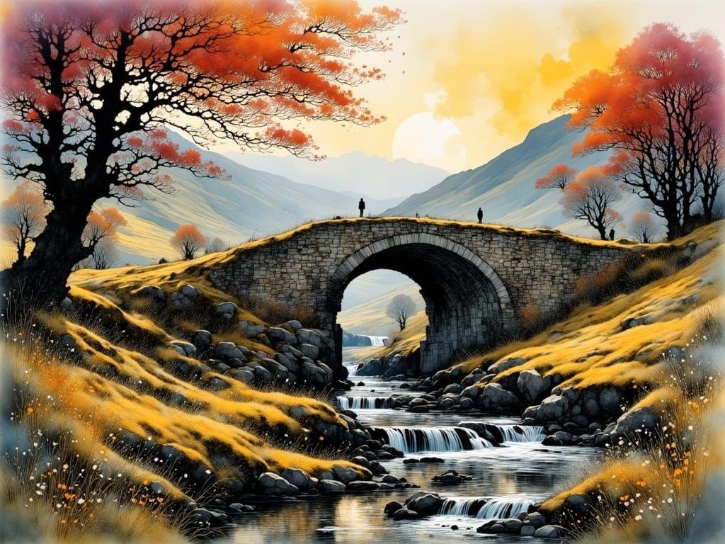 Intricate Scottish Highlands Bridge in Vibrant Street Art St...