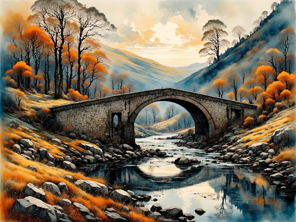 Vibrant Scottish Highlands Bridge in Intricate Graffiti Styl...