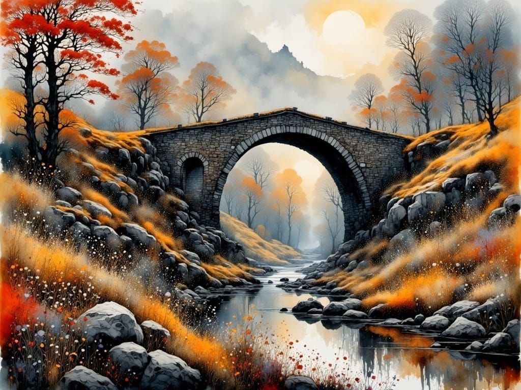 Intricate Scottish Highland Bridge in Vibrant Graffiti Style