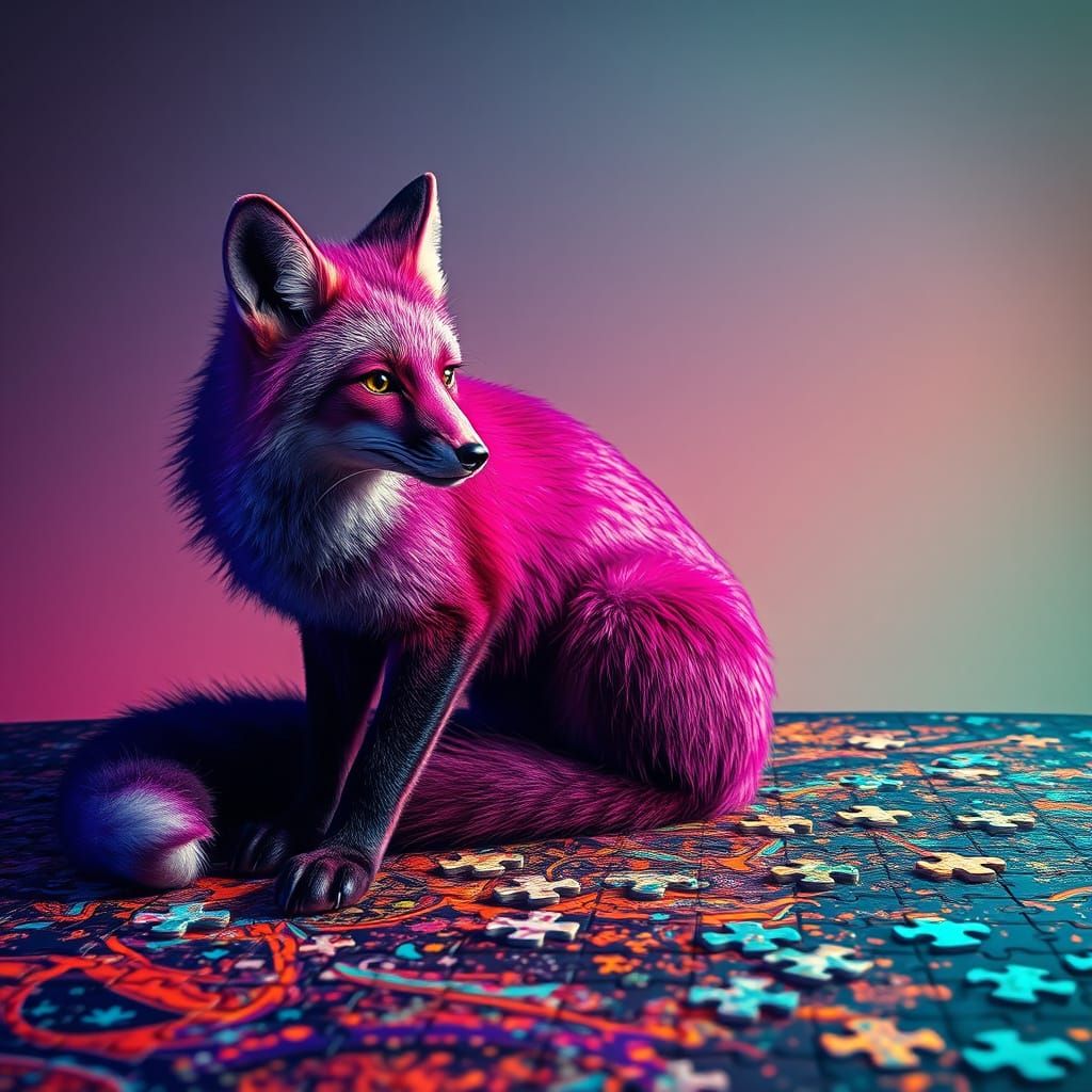 Realistic Fox Examines Almost Complete Jigsaw Puzzle