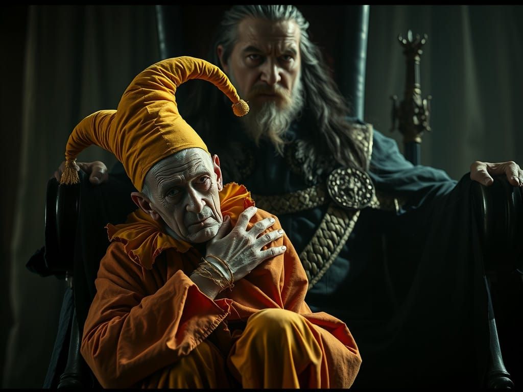 Aged Jester Fears Ancient King in Dramatic, High-Contrast Sc...