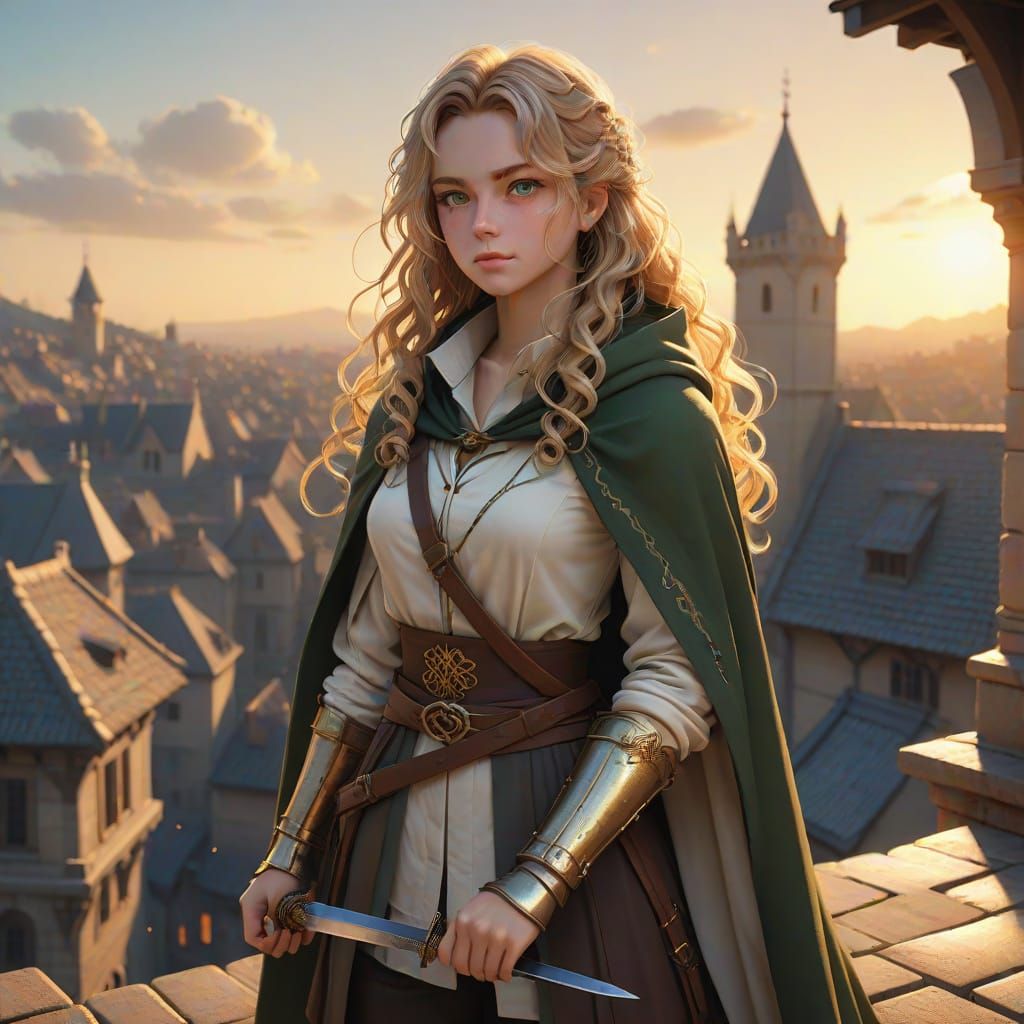 Renaissance Fantasy Maiden Embracing Medieval Rooftop Twilig...