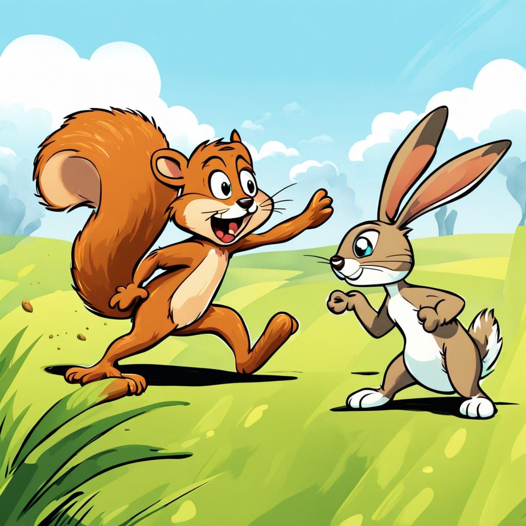Playful Squirrel and Hare in 2D Cartoon Style