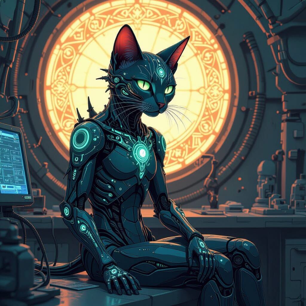 Anime art style. Extreme close-up shot. A biomechanical feline with glowing runes etched into its crystalline skin, sitt...