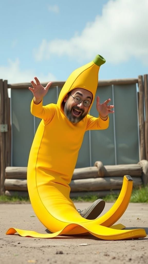Comedic Banana Costume Slip in Cartoon Style