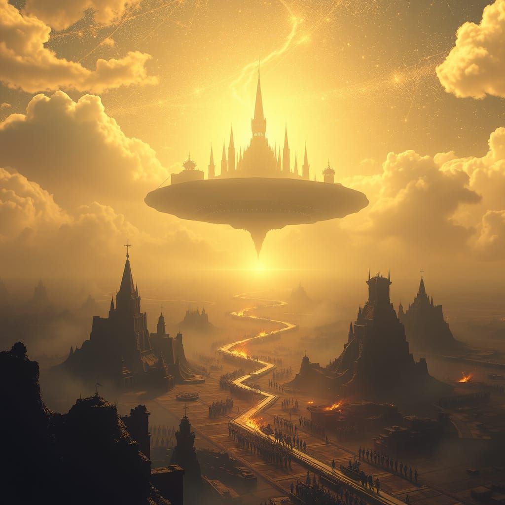 Ethereal Kingdom Above War-Torn Earth in Golden Light